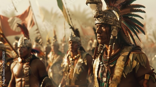 An Aztec warrior adorned with the iconic eagle and jaguar headdresses stands tall ast a group of fellow warriors ready for battle.
