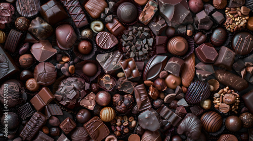 Chocolates background. Chocolate. Assortment of fine chocolates in white, dark, and milk chocolate. Praline Chocolate sweets