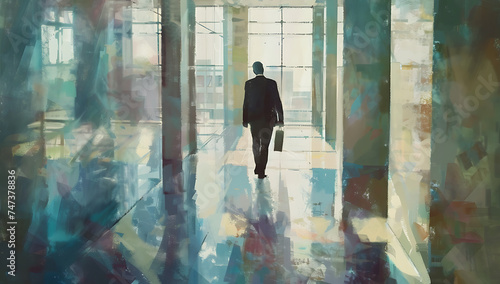the image of a businessman walking in the hallway of 