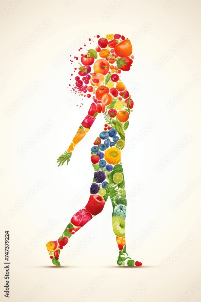 Illustration of diverse human figures with fruits and vegetables in the background Illustration of diverse human figures with fruits and vegetables in the background