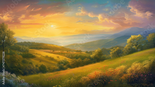 A serene and tranquil scene of a sunrise or sunset over rolling hills and fields representing the spiritual significance of Easter and the start of a new day.