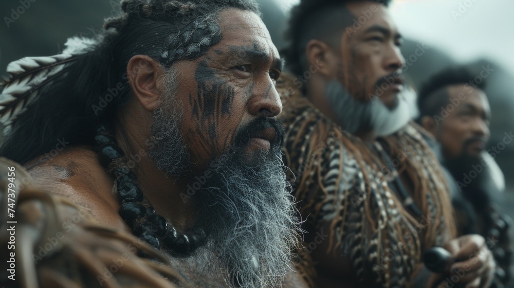 Obraz premium A group of Maori warriors adorn their hair with feathers and weave intricate patterns with flax as they prepare for a sacred ceremony to honor their ancestors.