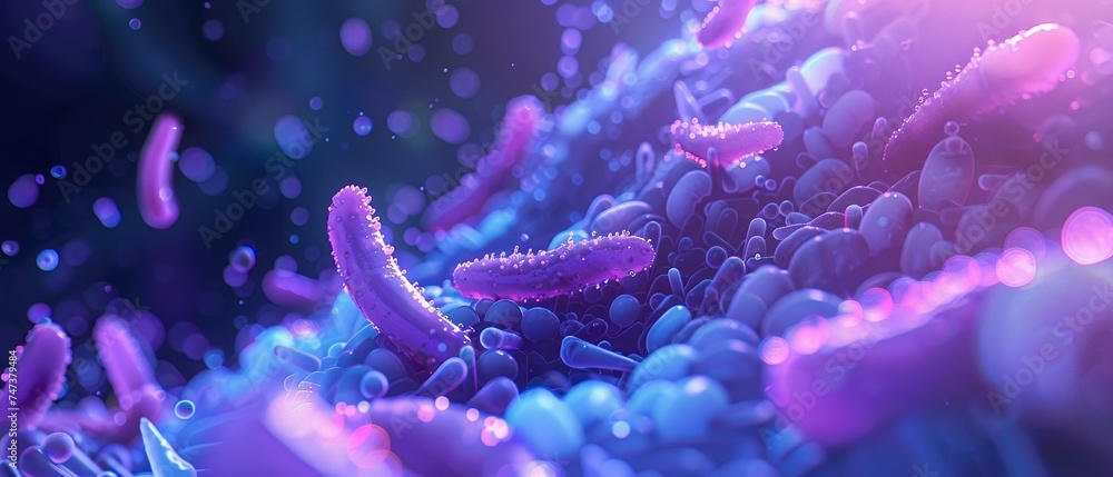 Probiotics bacteria biology science, microscopic view of digestion health care - obrazy, fototapety, plakaty 