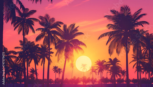 the sun setting over palm trees on a pink and purple  © SilverDP2