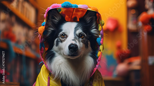 Border collie dog wearing hat and dressed with colorful funny clothes