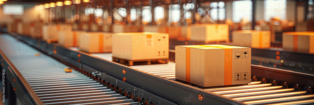 Automated production. Boxes are moving along conveyor. Conveyor in building of industrial enterprise. Concept of automated equipment for factory. Industrial robotics. Goods in packaging on conveyor