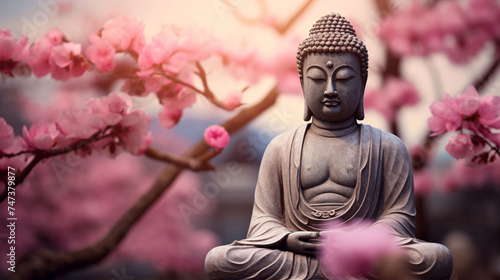 Buddha in front of the pink blossoms