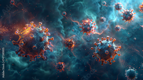 A detailed 3D illustration of a virus particle with spike proteins  set against a backdrop of similar structures in a blue  misty environment.