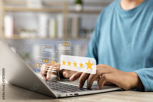 Evaluating 5-Star customer satisfaction, Online survey for quality service experience online application, Satisfaction with service evaluation, 5-Star rating and quality service feedback online. photo