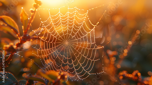 Sunlit Dew Drops on Spiderweb in Lush Greenery