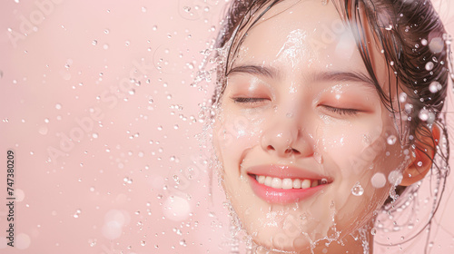 Joyful woman with closed eyes, refreshing with a splash of water, capturing a sense of purity and skincare bliss.
