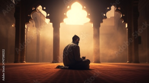 Photo is a believer, a Muslim Man performs Worship, prays to Allah in a mosque in the Holy Month of Ramadan Kareem on a carpet at Sunset. Religion, Islam, Faith in God concepts.