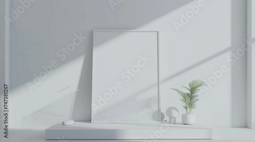 Mockup poster frame, modern minimalist interior, bright white color, 3D rendering