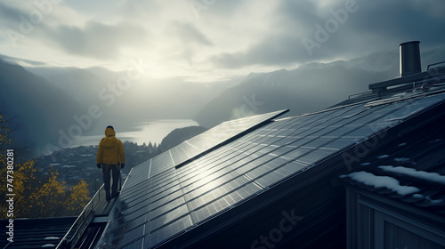 Meditative person in yellow jacket, standing on the roof of a house equipped with solar panels, looking at the foggy landscape with lake and mountains. Clean energy, modern technology.