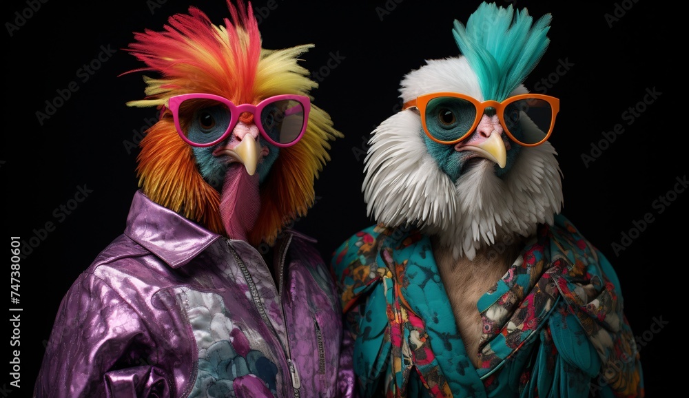 Chickens wearing sunglasses dressed with colorful funny clothes