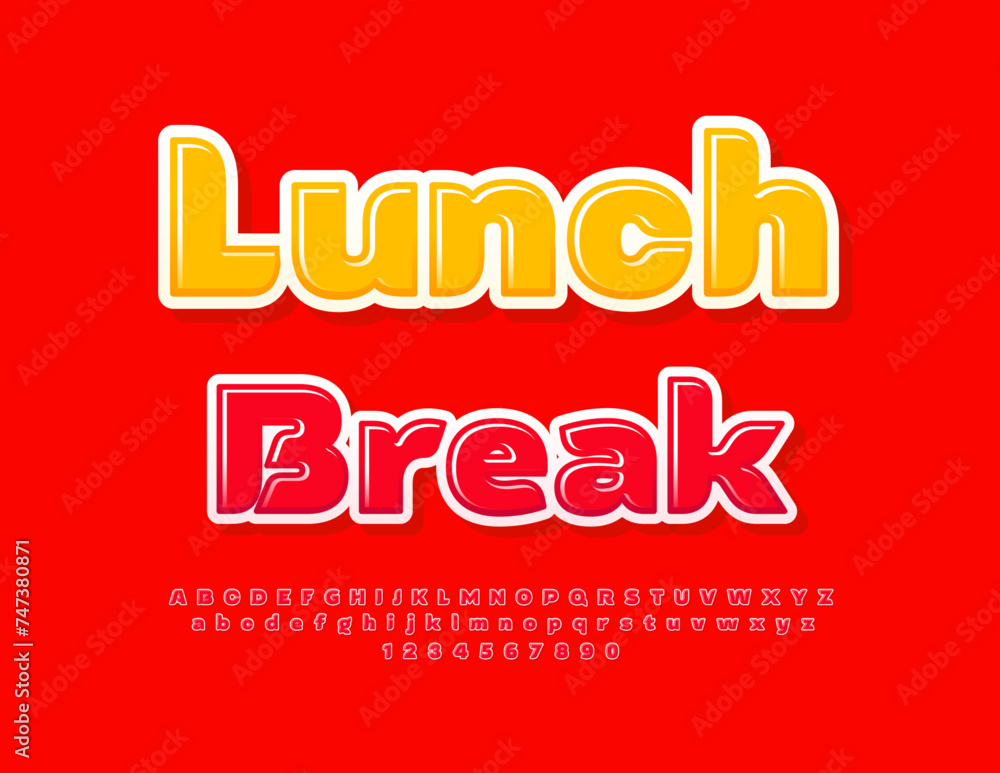 Vector advertising poster Lunch Break. Stylish Red Font. Modern Alphabet Letters and Numbers set.