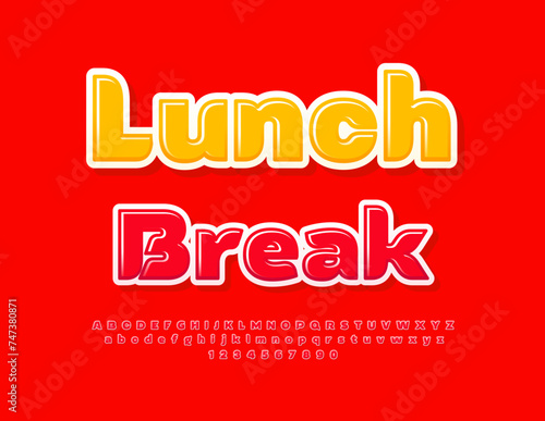 Vector advertising poster Lunch Break. Stylish Red Font. Modern Alphabet Letters and Numbers set.