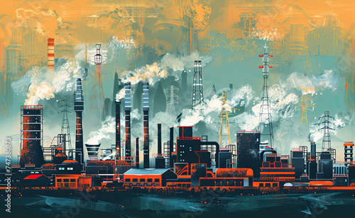 Industrial site or zone with factories  manufacturing plants  power stations  illustration