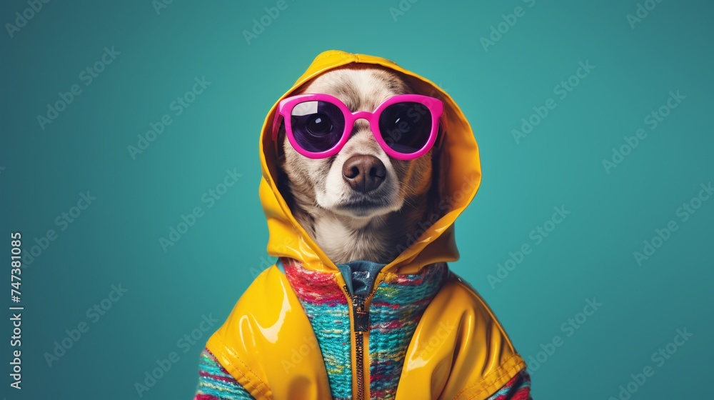 Dog wearing sunglasses dressed with colorful funny clothes Dog wearing sunglasses dressed with colorful funny clothes