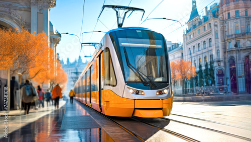 Modern tram navigating through the urban street in autumn day. Concept of eco-friendly public transport city life and sustainable mobility tramway transportation