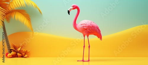 cute flamingo on yellow background with a palm