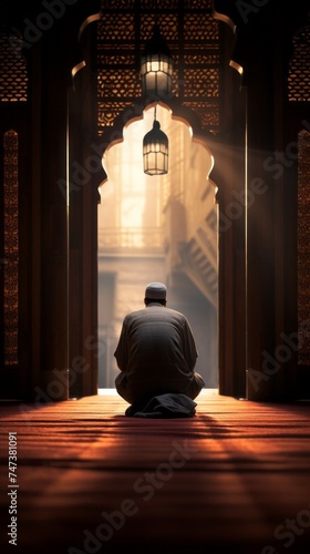 Rear view of a believer, a Muslim Man performs Worship, prays to Allah in a mosque in the Holy Month of Ramadan Kareem on a carpet. Religion, Islam, Faith in God concepts.