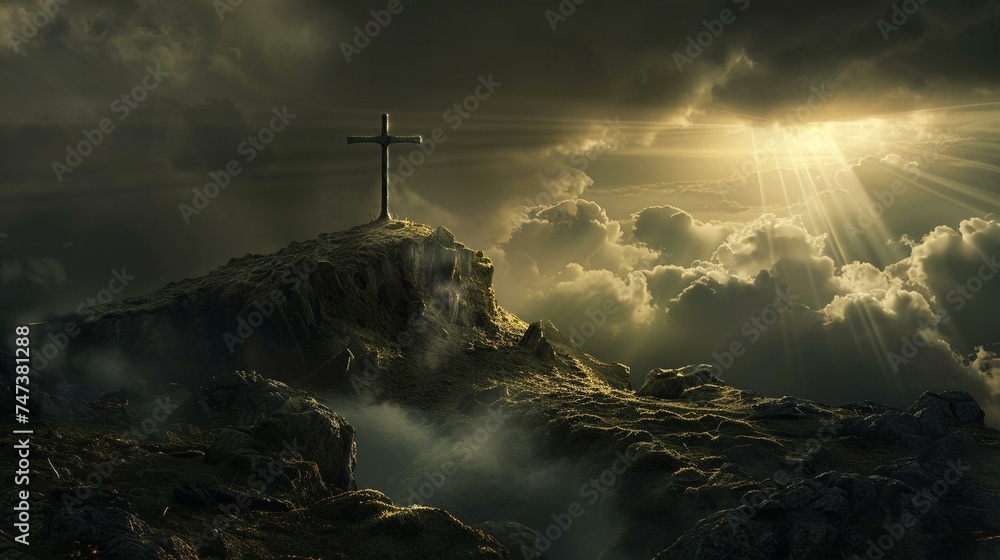 Holy cross over Golgotha Hill, light and clouds background, symbolizing Jesus Christ's resurrection - obrazy, fototapety, plakaty 