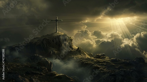 Holy cross over Golgotha Hill, light and clouds background, symbolizing Jesus Christ's resurrection photo