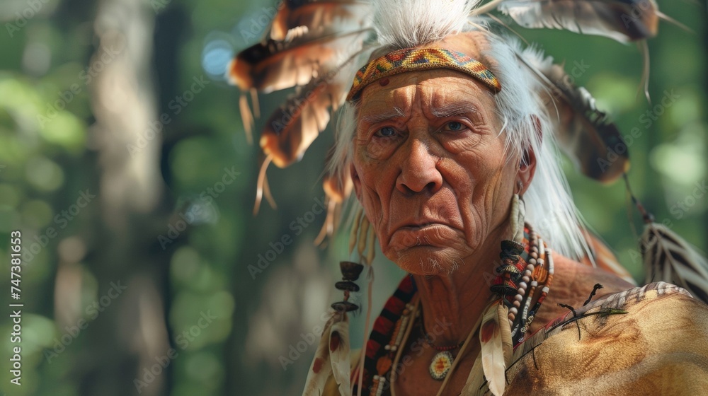 A wise and experienced Iroquois warrior distinguished by his white hair and traditional headdress is a respected leader a his people. A wise and experienced Iroquois warrior distinguished by his white hair and traditional headdress is a respected leader a his people.