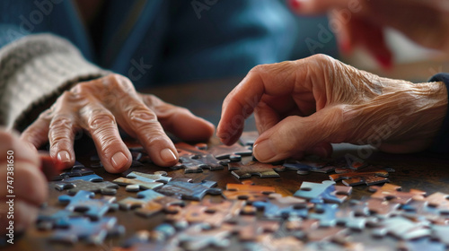 A young hand and an elderly hand piecing together a jigsaw puzzle, symbolizing collaboration and mental engagement, helping hands, care for the elderly, blurred background, with co