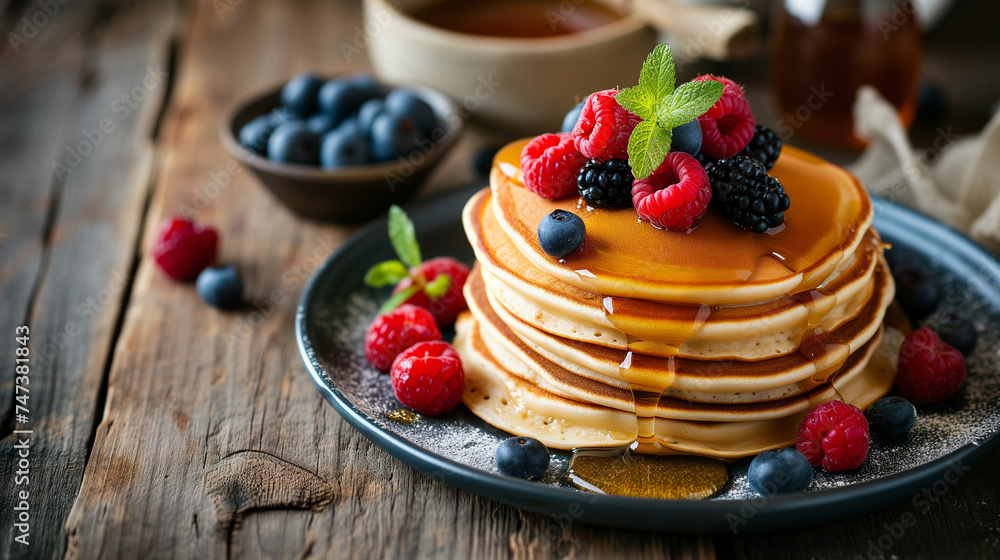 pancakes with fresh berries and honey on a white plate on a gray background pancakes with fresh berries and honey on a white plate on a gray background
