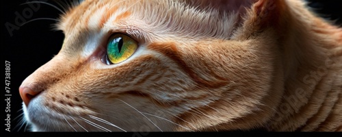Muzzle beautiful red cat with green eyes closeup. Generative AI.