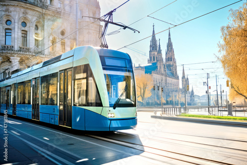 Modern blue tram glides through the city streets lined with historic architecture, seamlessly integrating sustainable, electric public transportation within an urban landscape bathed in soft sunlight