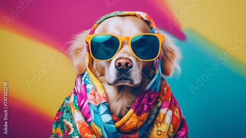 dog wearing sunglasses dressed with colorful funny clothes © IgnacioJulian