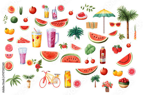 a set of pictures on a white background on a summer theme with fruits, drinks and flowers.
