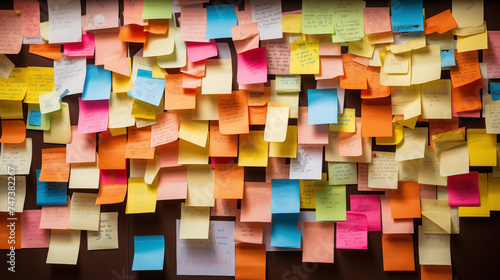 Many colorful, sticky notes, or adhesive notes on a wall or bulletin board