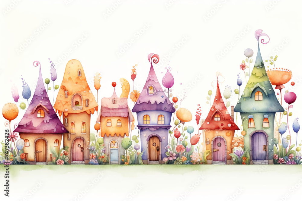 Fairy-tale houses of elves or forest wizards painted in watercolor on a white background. A fictional fairy-tale town. An illustration of a story about elves.