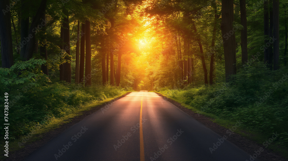 Road at sunset among green forest and beautiful light