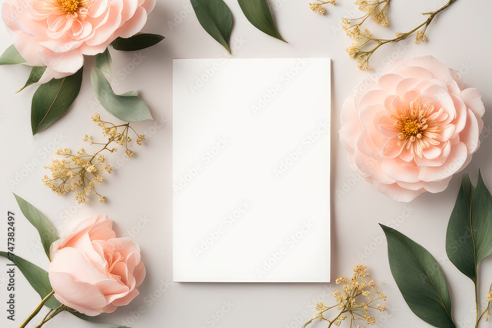 Blank paper wedding greeting card with flowers peach fuzz colors on of pastel background. - obrazy, fototapety, plakaty 