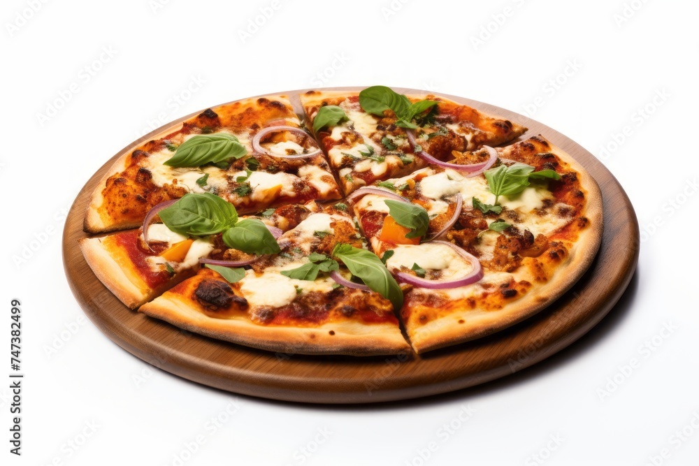 Juicy pizza on a rustic plate against a white background