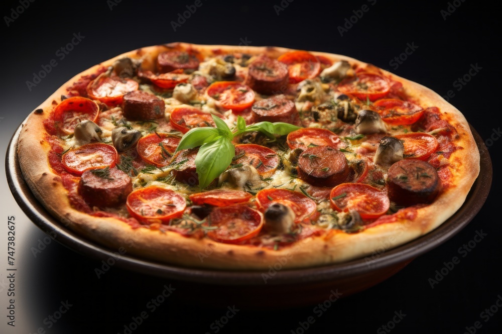 Delicious pizza in a clay dish against a white background