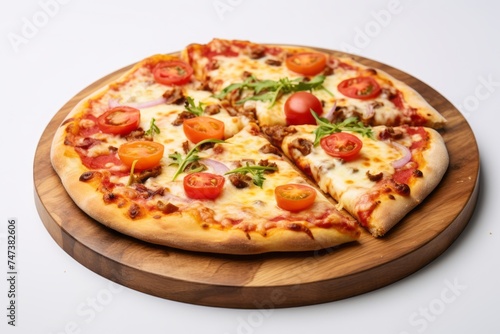 Tempting pizza on a wooden board against a white background