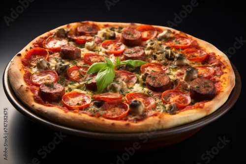 Delicious pizza in a clay dish against a white background