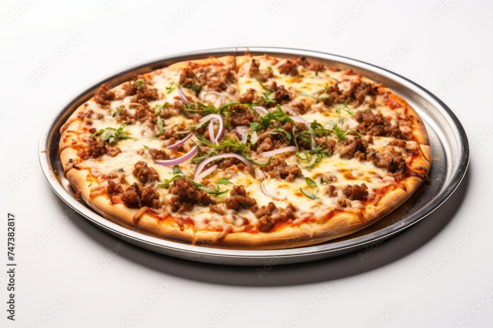 Hearty pizza on a metal tray against a white background