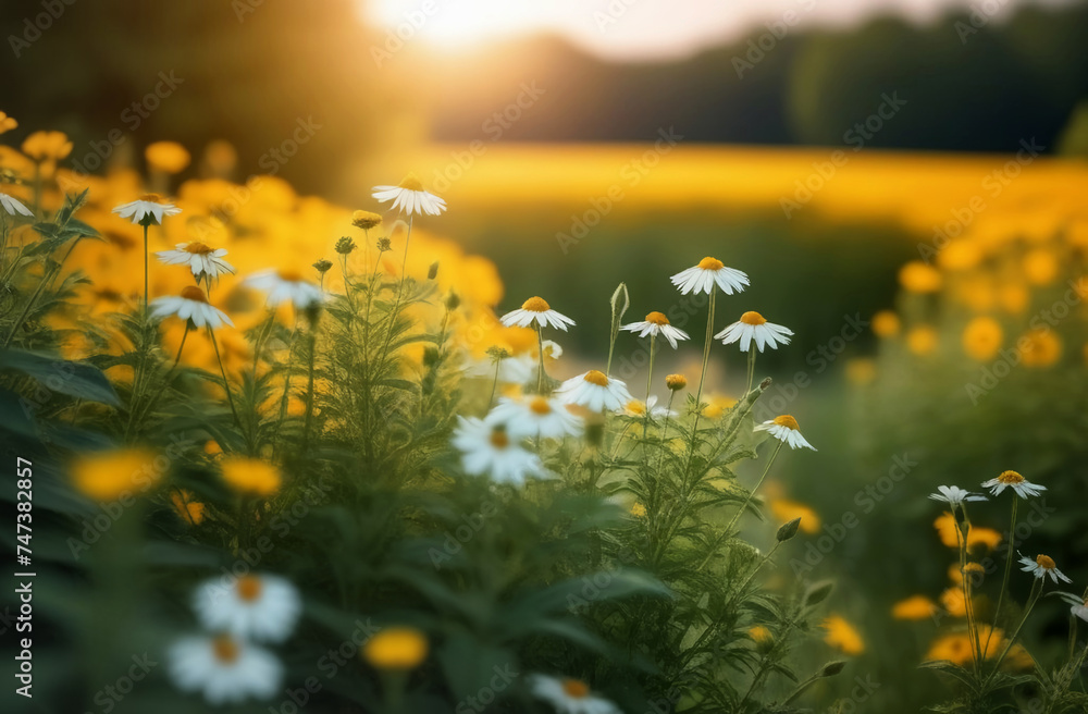 a field of white daisies on a sunny summer day. wild herbs and chamomile flowers in natural growth. medicinal herbs and flowers.  - obrazy, fototapety, plakaty 