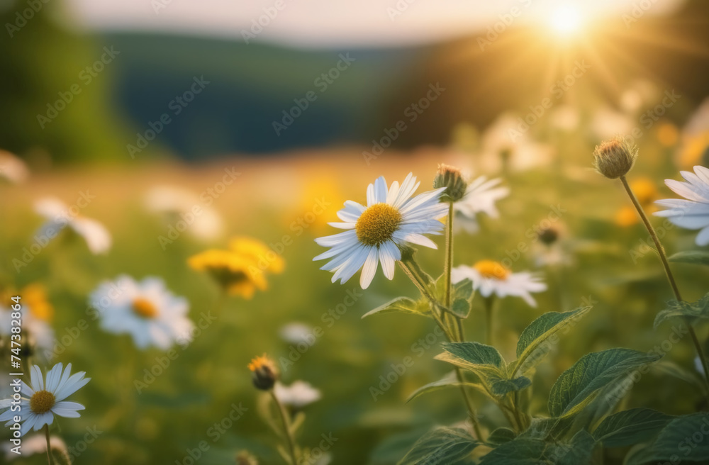 a field of white daisies on a sunny summer day. wild herbs and chamomile flowers in natural growth. medicinal herbs and flowers. - obrazy, fototapety, plakaty 
