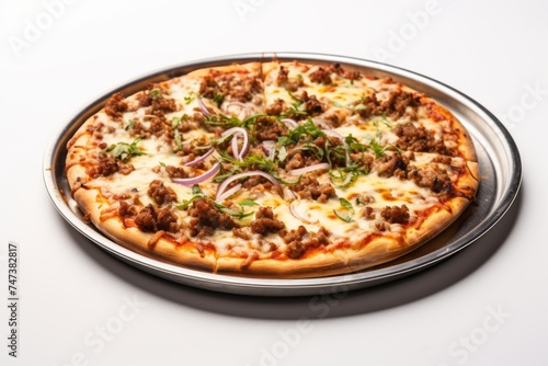 Hearty pizza on a metal tray against a white background