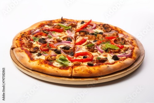 Tasty pizza on a marble slab against a white background