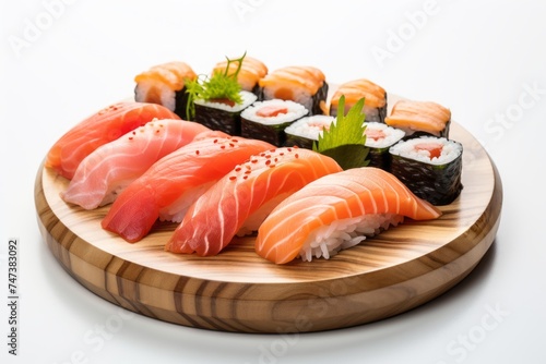 Refined sushi on a rustic plate against a white background