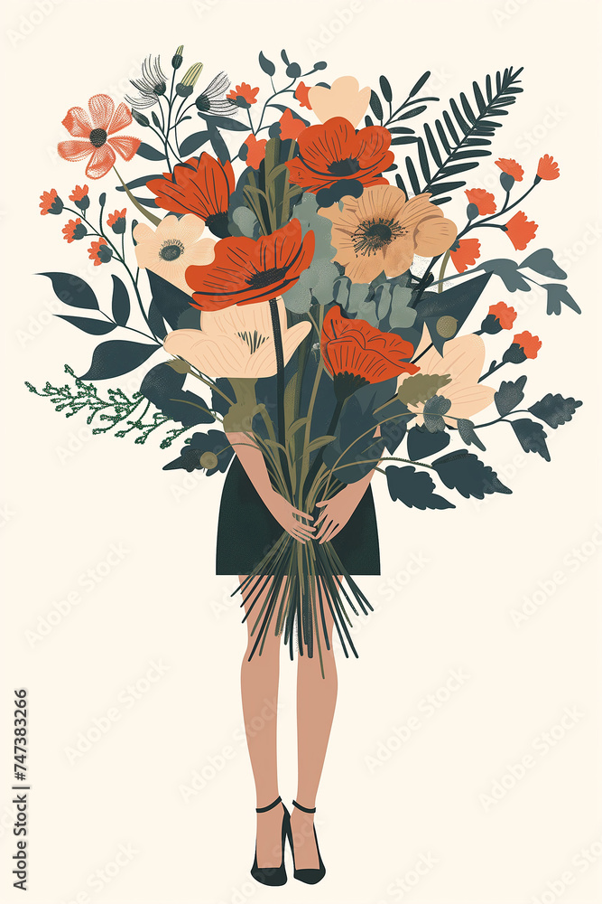 Woman in high heels hugging a huge bouquet of flowers, modern illustration.
